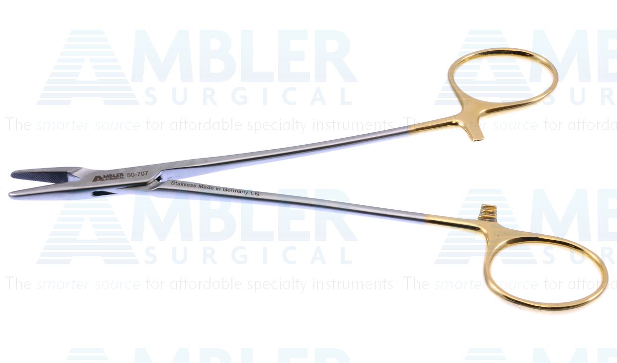 Crile-Wood needle holder, 6'',straight, serrated TC jaws, gold ring handle