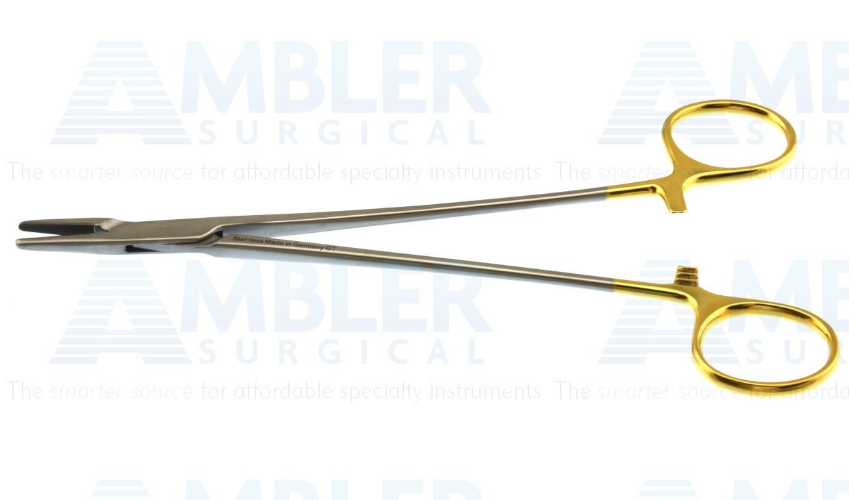 Crile-Wood needle holder, 7'',straight, serrated TC jaws, gold ring handle