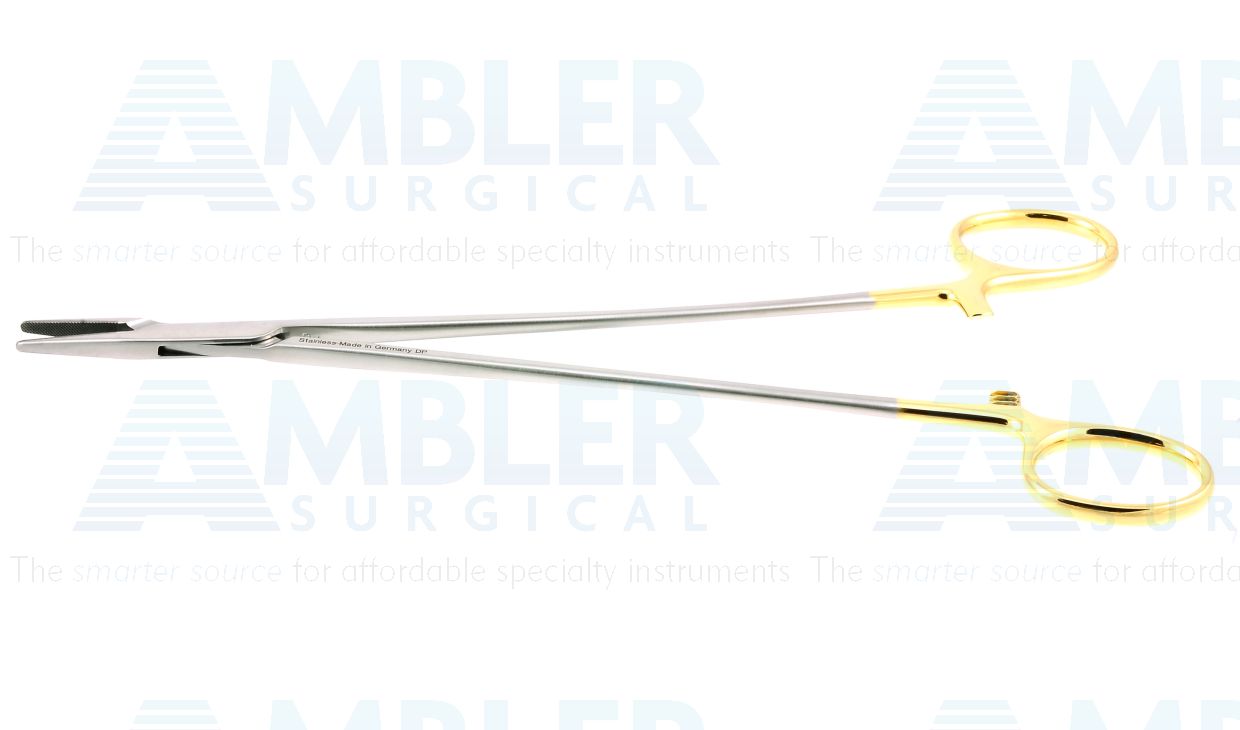 Crile-Wood needle holder, 8'',straight, serrated TC jaws, gold ring handle