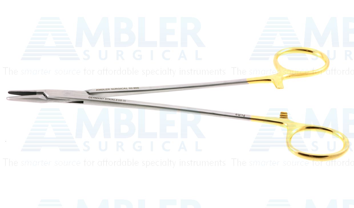 DeBakey needle holder, 7'',straight, serrated TC jaws, gold ring handle