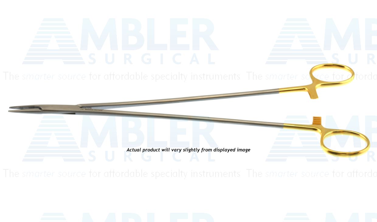 DeBakey vascular needle holder, 12'',straight, serrated TC jaws, gold ring handle