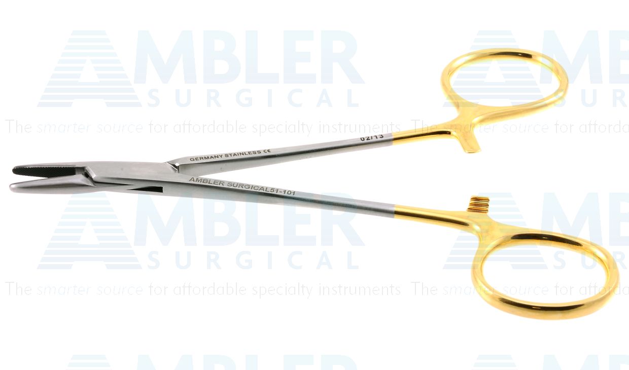Derf needle holder, 4 3/4'',straight, serrated TC jaws, gold ring handle
