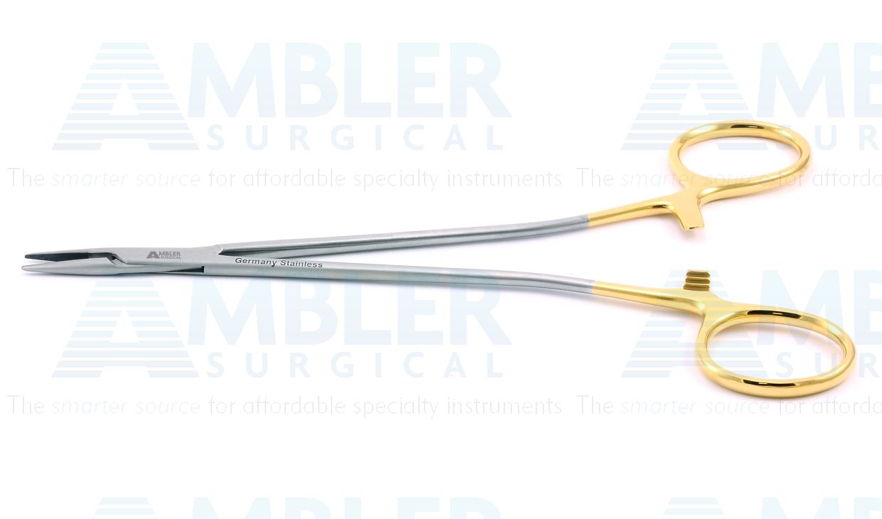 Euphrate-Pasqu needle holder, 7'',straight, serrated TC jaws, gold ring handle