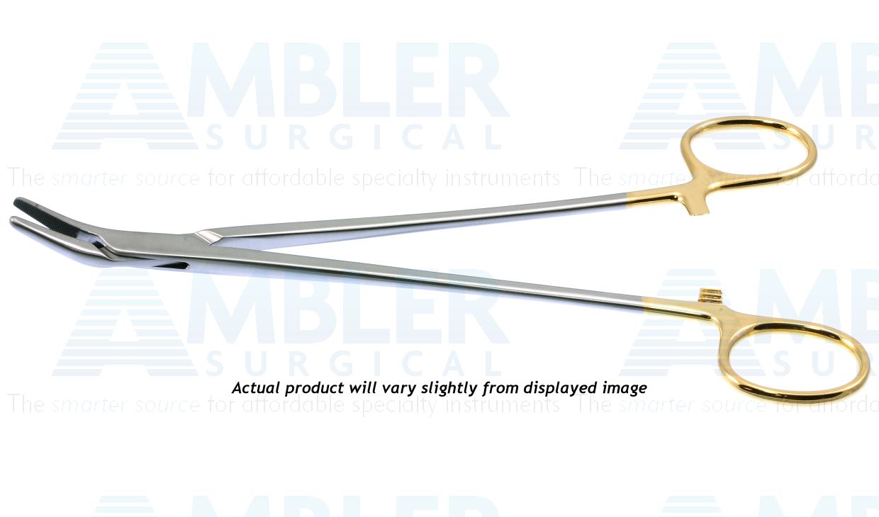 Finochietto needle holder, 10'',angled, serrated TC jaws, gold ring handle
