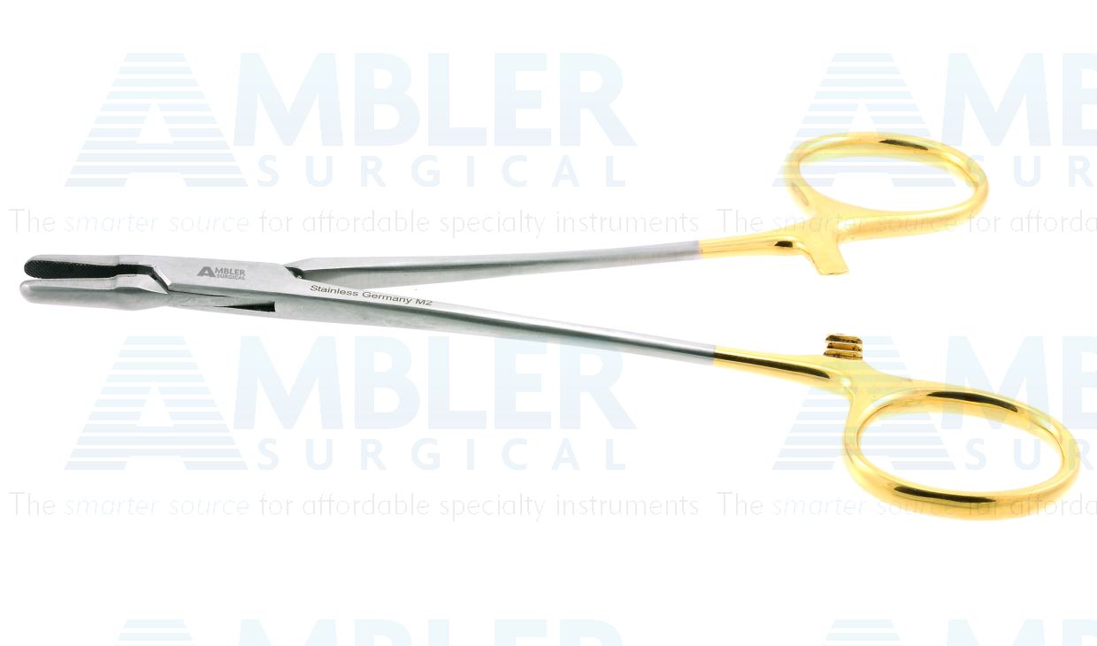 French eye needle holder, 6'',straight, tapered, serrated TC jaws, gold ring handle