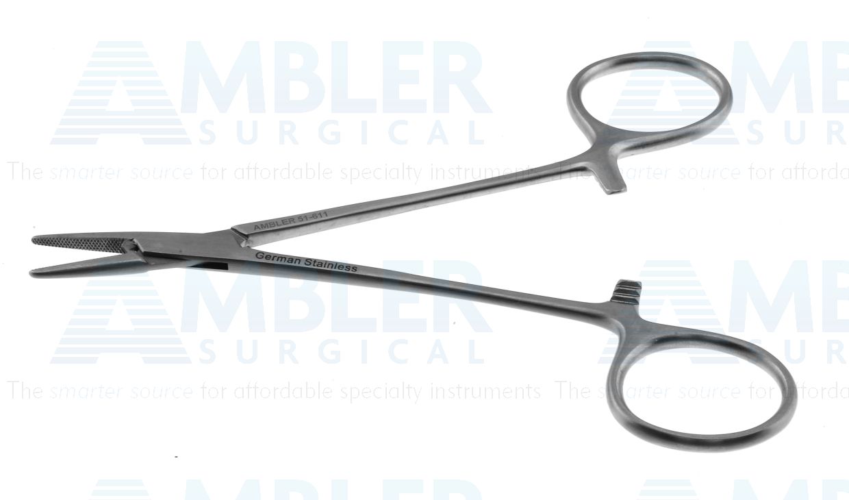 Halsey needle holder, 5 1/4'', straight, serrated jaws, ring handle