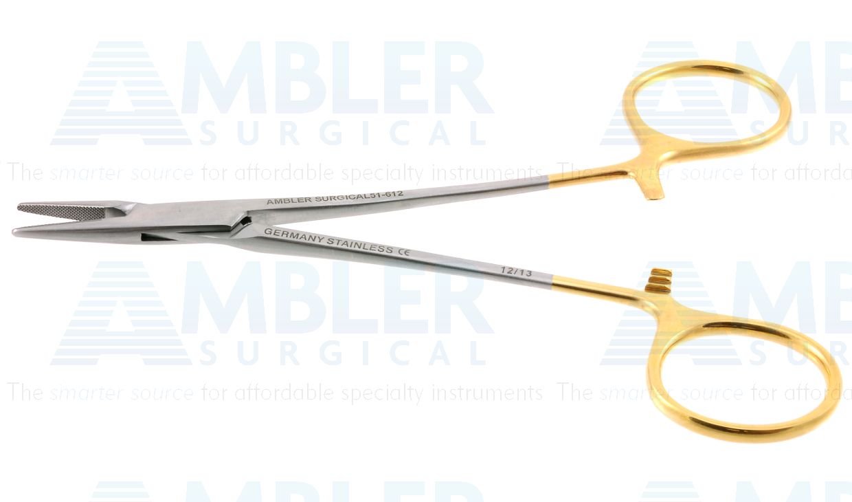 Halsey needle holder, 5'',straight, serrated TC jaws, gold ring handle