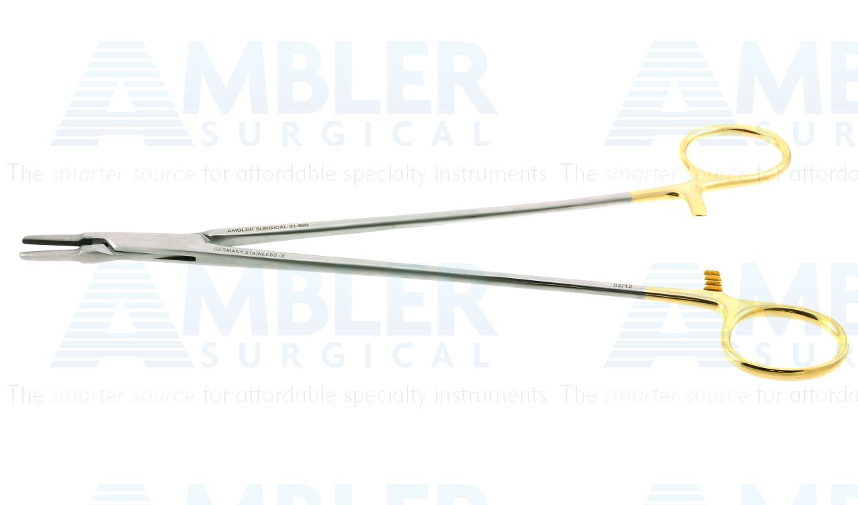 Intra-Cardiac needle holder, 9'',delicate, straight, 2.0mm serrated TC jaws, gold ring handle