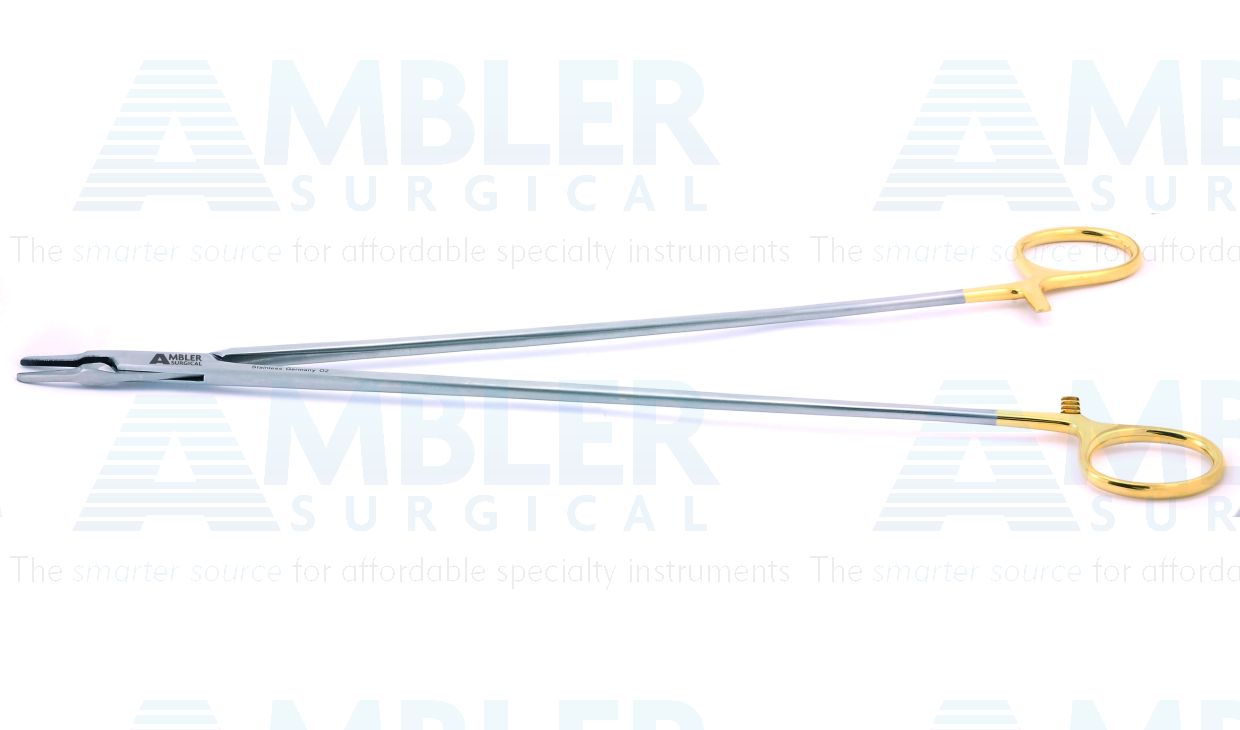 Intra-Cardiac needle holder, 12'',delicate, straight, 2.0mm serrated TC jaws, gold ring handle
