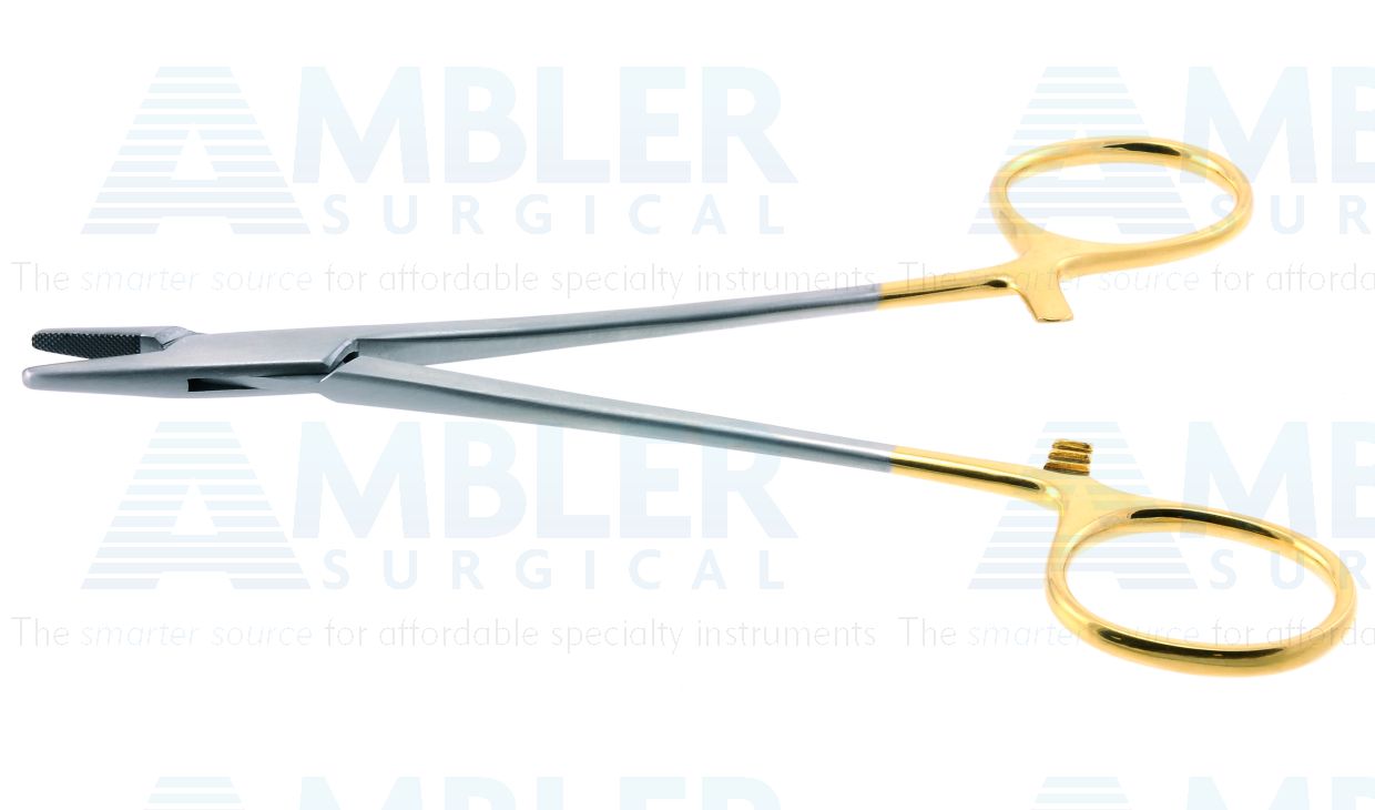 Mayo-Hegar needle holder, 5 1/2'',straight, serrated TC jaws, gold ring handle