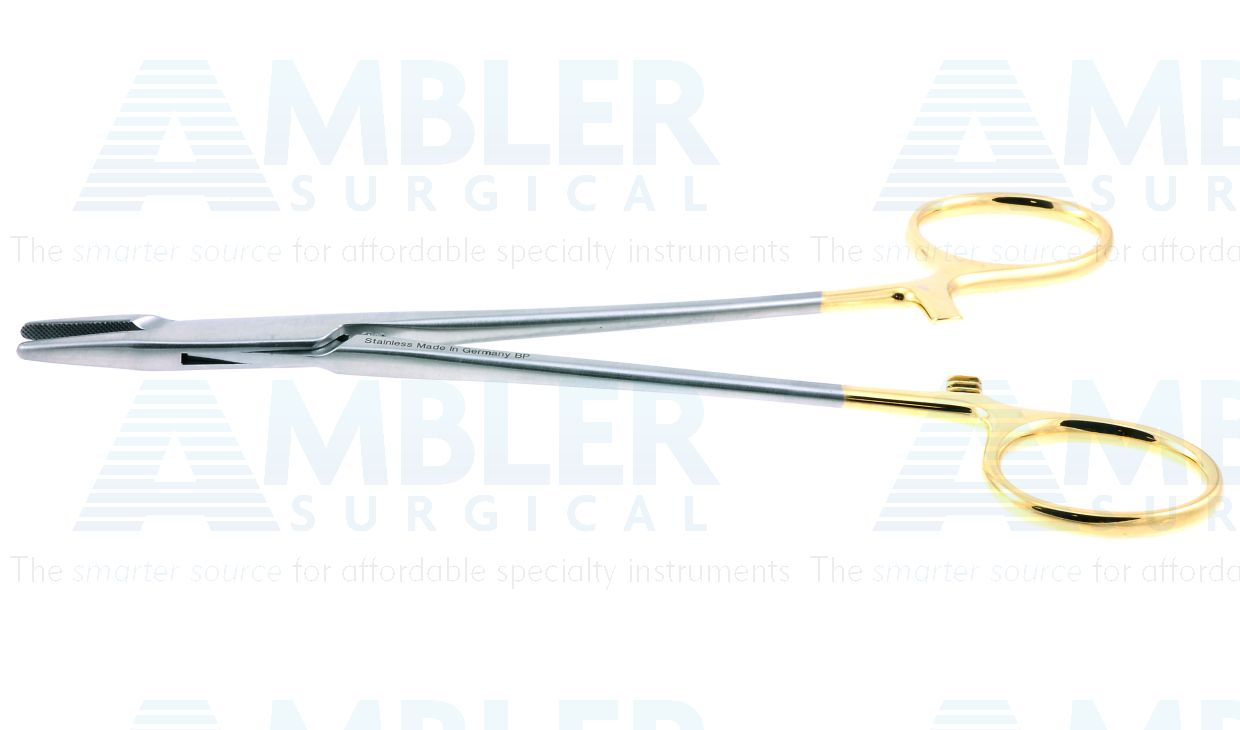 Mayo-Hegar needle holder, 6'',straight, serrated TC jaws, gold ring handle