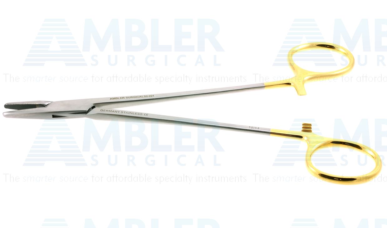 Mayo-Hegar needle holder, 7'',straight, serrated TC jaws, gold ring handle