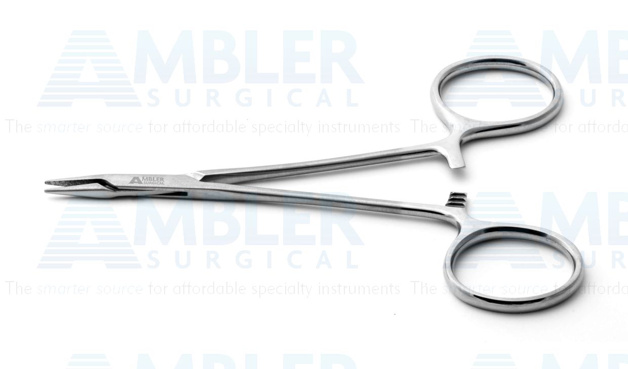 Microsurgical needle holder, 5'',delicate, straight, 1.0mm tapered TC dusted jaws, gold ring handle