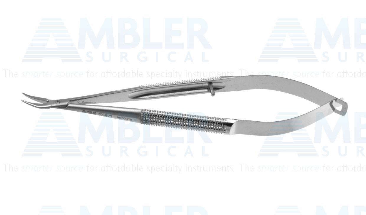 Microsurgical needle holder, 5'',curved, 0.4mm wide jaws, 8.0mm diameter round balanced handle, without lock