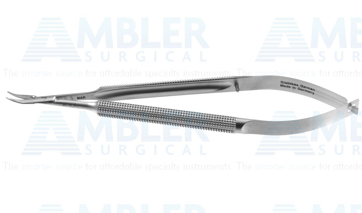 Microsurgical needle holder, 5 1/2'',curved, 0.4mm diameter concave jaws, 8.0mm diameter round balanced handle, without lock, right hand use