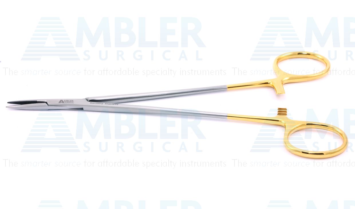 Microsurgical needle holder, 7'',straight, serrated TC jaws, gold ring handle