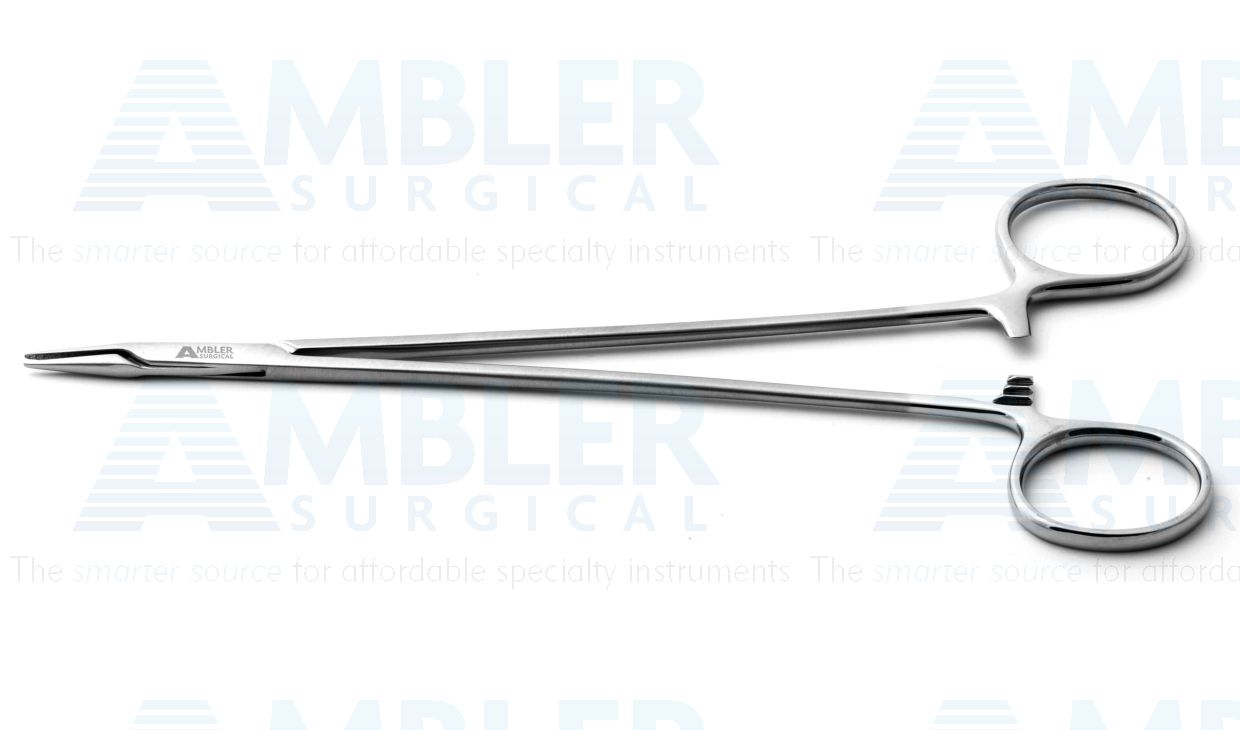 Microsurgical needle holder, 7 1/4'',delicate, straight, 1.0mm tapered TC dusted jaws, gold ring handle