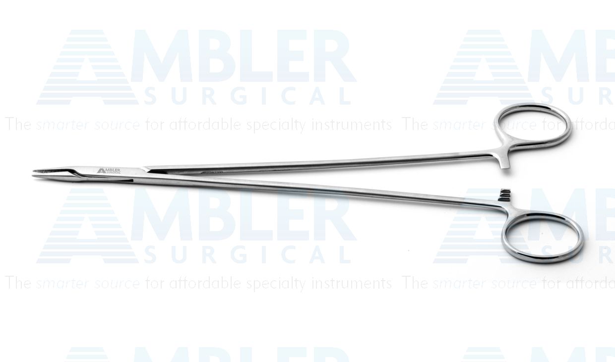 Microsurgical needle holder, 9'',delicate, straight, 1.0mm tapered TC dusted jaws, gold ring handle