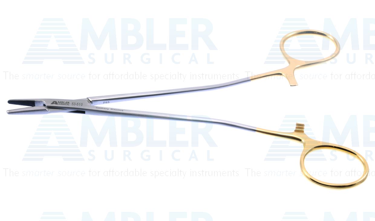 Sarot needle holder, 7'',straight, serrated TC jaws, gold ring handle