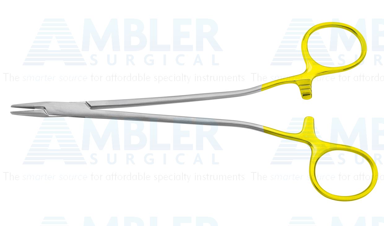 Senning needle holder, 6 3/4'',straight, smooth TC jaws, gold ring handle