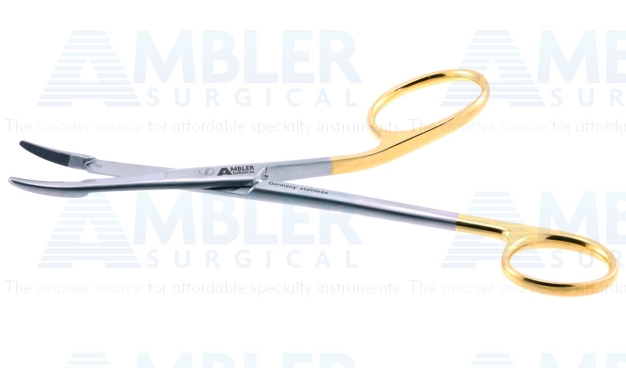 Gillies needle holder/suture scissors, 6 1/2'',curved, serrated TC jaws, one angled finger gold ring handle