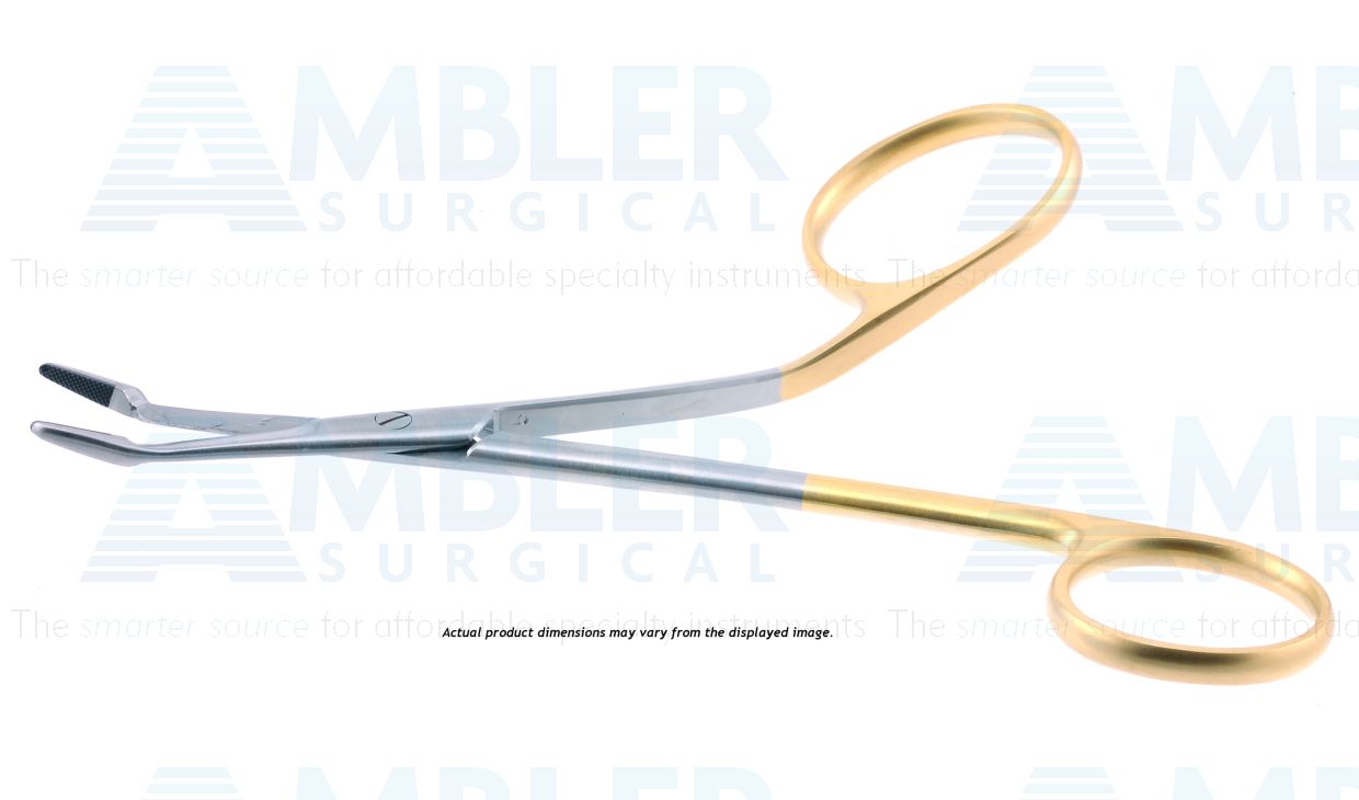 Gillies needle holder/suture scissors, 6'',curved, serrated TC jaws, one angled gold finger ring handle