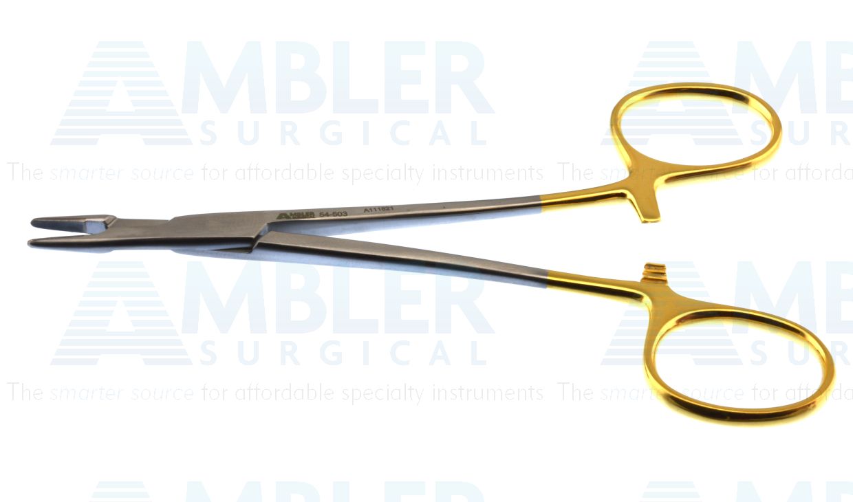Olsen-Hegar needle holder/suture scissors, 4 3/4'',delicate, straight, smooth TC jaws, gold ring handle