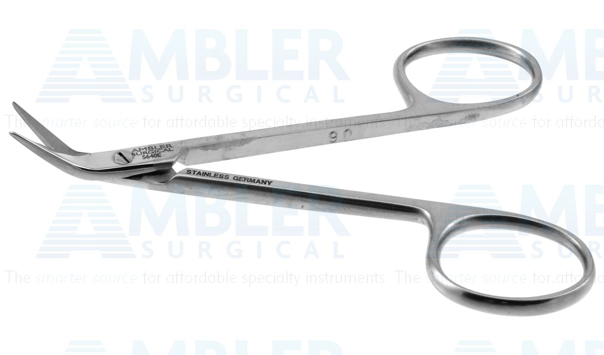 Converse-Wilmer conjunctival and utility scissors, 3 3/4'',angled 18.0mm blades, sharp tips, ring handle