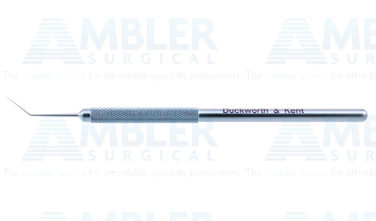 D&K Sinskey hook, 5'',angled shaft, 10.0mm from bend to tip, 0.12mm diameter tip, round handle, titanium