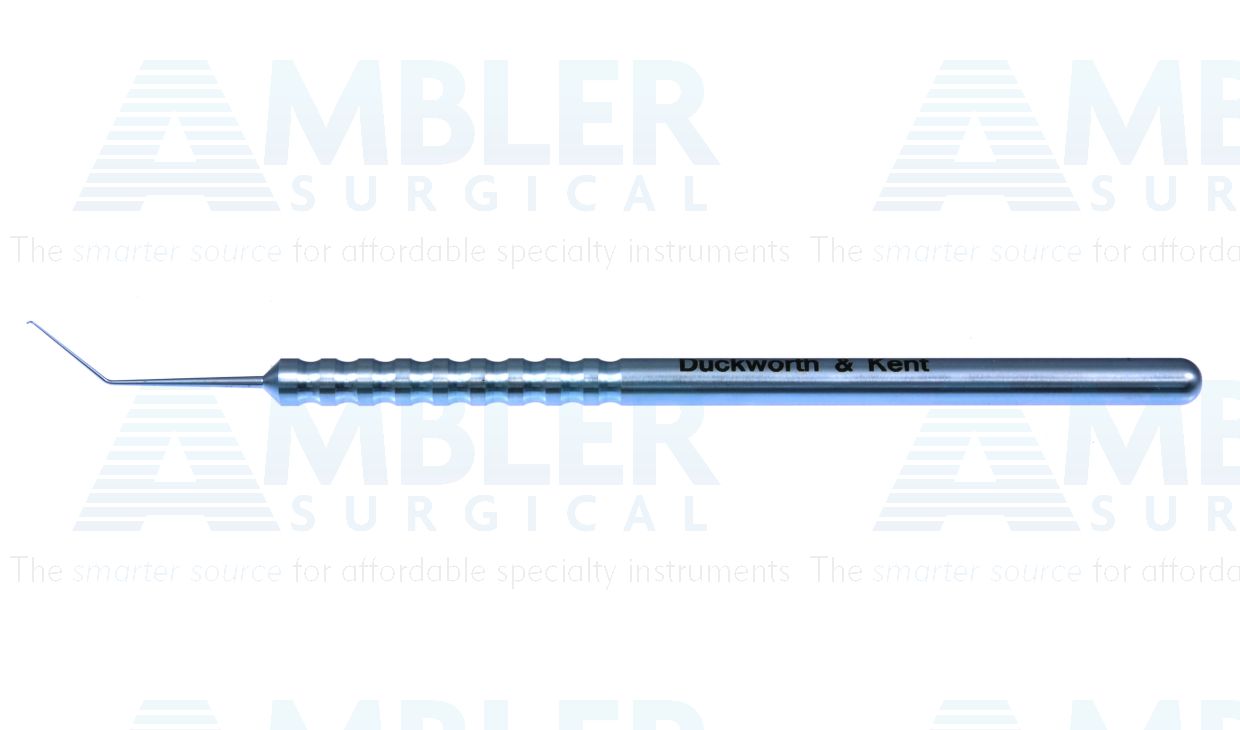 D&K Sinskey hook, 4 3/4'',angled shaft, 10.0mm from bend to tip, 0.18mm diameter tip, round handle, titanium