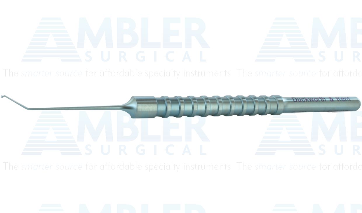 D&K Barrett nucleus rotator/manipulator, 4 3/4'',angled shaft, 10.0mm from bend to tip, 0.65mm mushroom style tip, Barrett round balanced handle, titanium