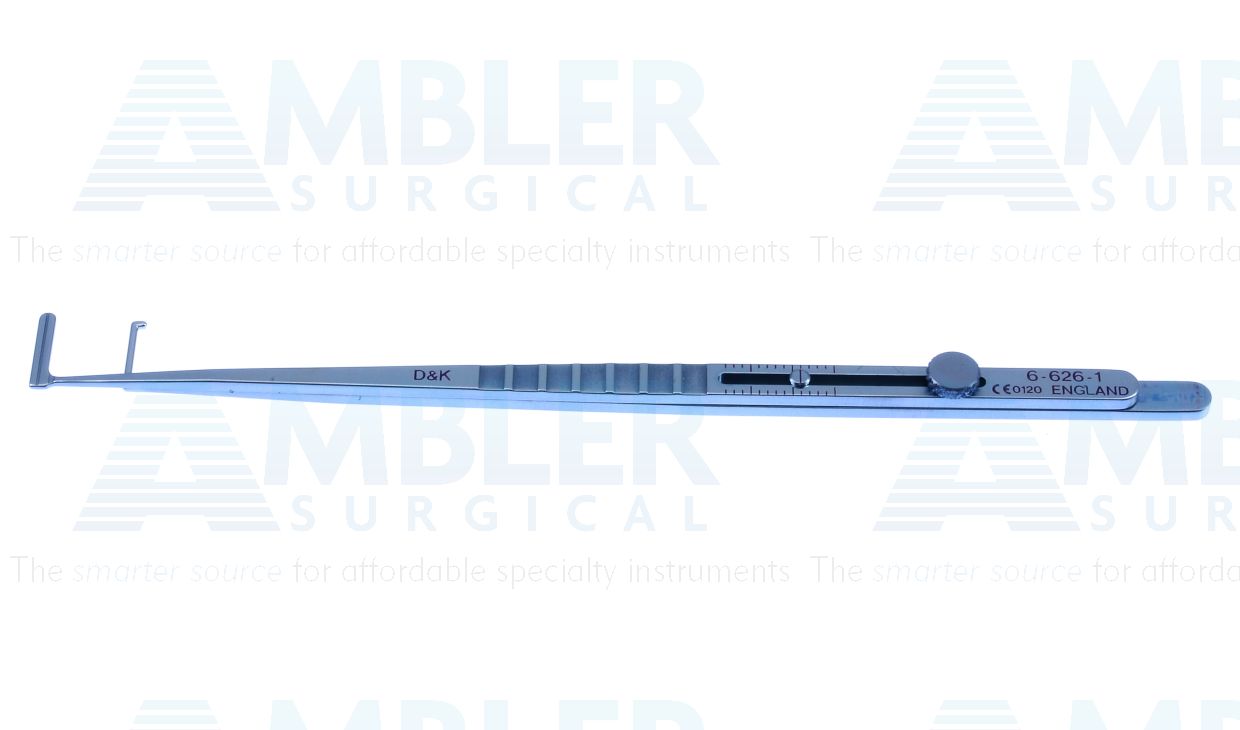 D&K Assaf resection muscle hook, 5 3/8'',90º double 12.0mm adjustable tips, caliper measures 2.0mm - 15.0mm, Patent # 2335601, titanium