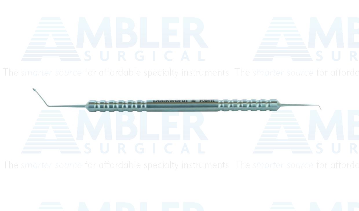 D&K SMILE double ended dissector with taneri spoon tip, 4 1/2'', double-ended, angled 60°, 8.5mm from bend to tip, 1.25mm x 0.3mm semi-sharp spoon shaped tip, laser markers at 7.0mm, 7.5mm, and 8.0mm, angled 60