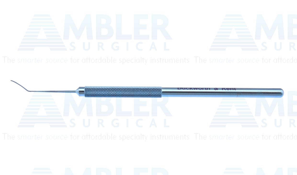 D&K femtosecond flap spatula, 4 7/8'',angled 45º shaft, 0.5mm x 10.0mm blade, tapered tip, round handle, titanium