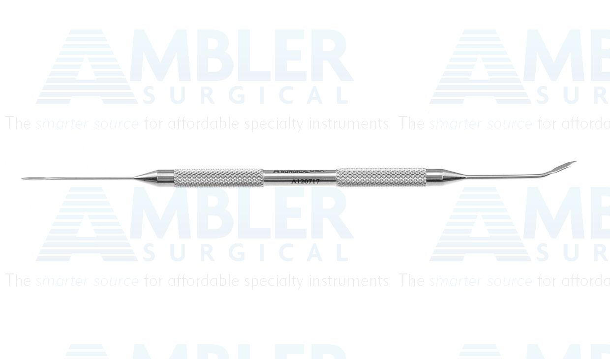 Eippert femtosecond incision spatula, 4 3/4'', double-ended, one straight and one slightly angled shaft, 8.0mm from bend to tip, 1.0mm and 2.0mm pointed tips, beveled edges, round handle