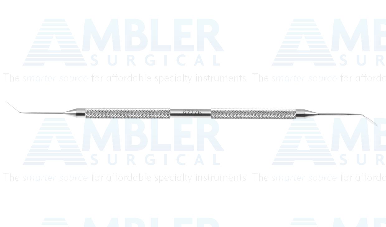 Femtosecond incision spatula, 5 3/8'',double-ended, angled 40º shafts, 8.0mm from bend to tip, 1.0mm and 2.0mm pointed tips, beveled edges, round handle