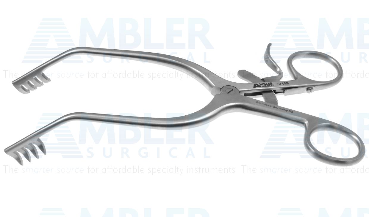 Anderson-Adson self-retaining cerebellar retractor, 7 1/2'',angled, 13.0mm deep, 4x4 sharp prongs, ring handle with ratchet