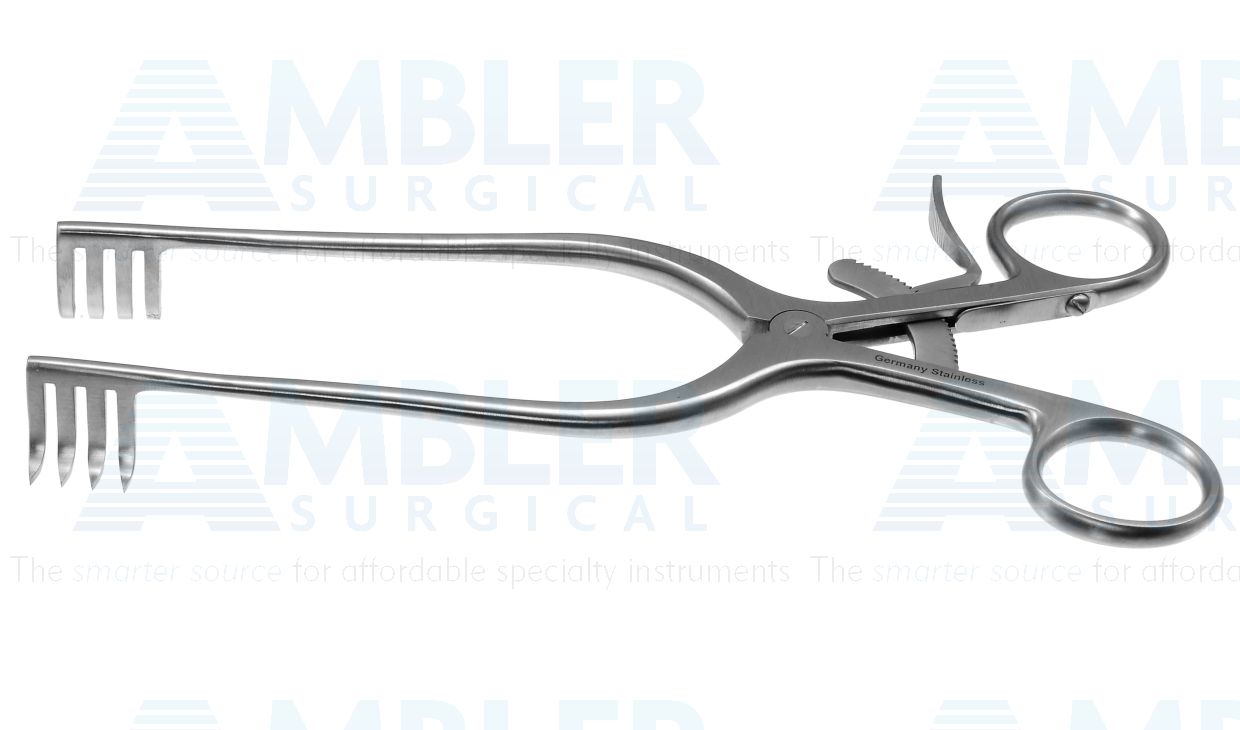 Adson self-retaining cerebellar retractor, 7 1/2'',straight, 4x4 sharp prongs, ring handle with ratchet