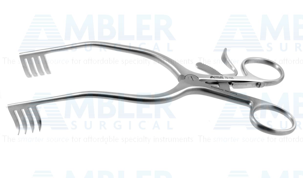 Adson self-retaining cerebellar retractor, 7 1/2'',angled, 4x4 sharp prongs, ring handle with ratchet
