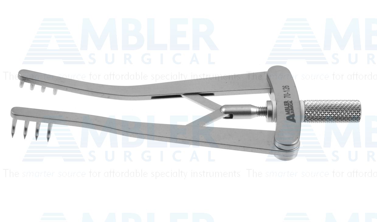 Alm retractor, 4'',straight, 4x4 sharp prongs, 2 1/2''wide, thumb-screw tension