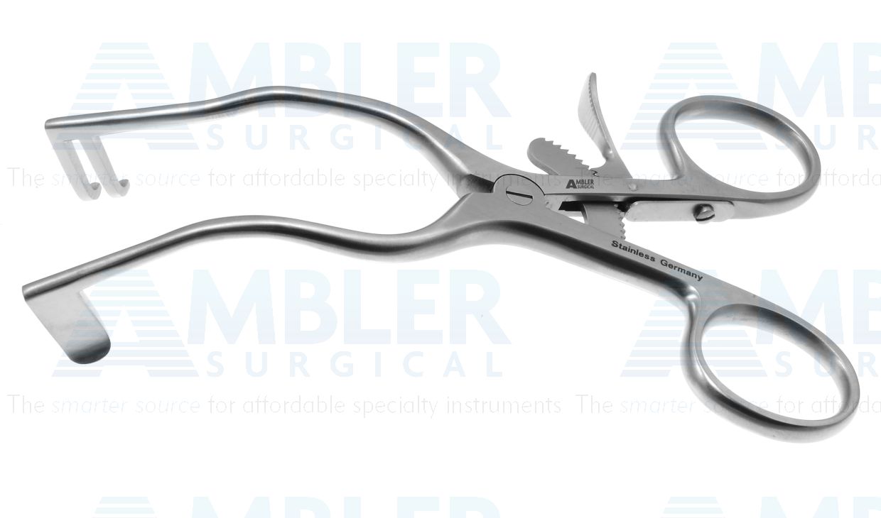 Bellucci-Wullstein self-retaining retractor, 5'',2 blunt prongs on right shaft, 13.0mm long, solid 10.0mm x 20mm blade on left shaft, 45.0mm spread, ring handle with ratchet catch