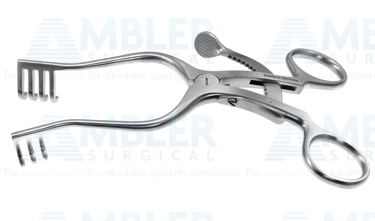 Contour self-retaining scalp retractor, 5 1/2'',straight, 3x4 blunt prongs, ring handle with ratchet