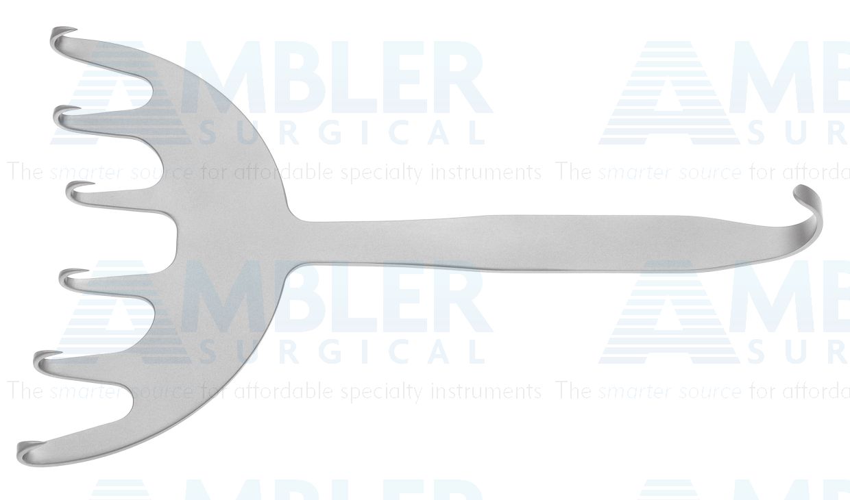 Coronal brow lift retractor, 9'',6 sharp offset prongs, 150mm wide, flat handle