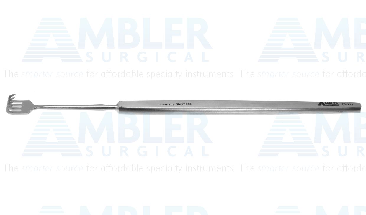 Knapp lacrimal sac retractor, 5 1/2'',rigid shaft, 4 sharp prongs, 6.0mm wide, flat handle