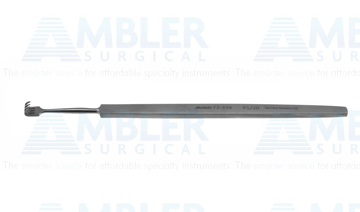 Knapp lacrimal sac retractor, 5 1/2'', rigid shaft, 4 sharp prongs, 6.0mm wide, flat handle