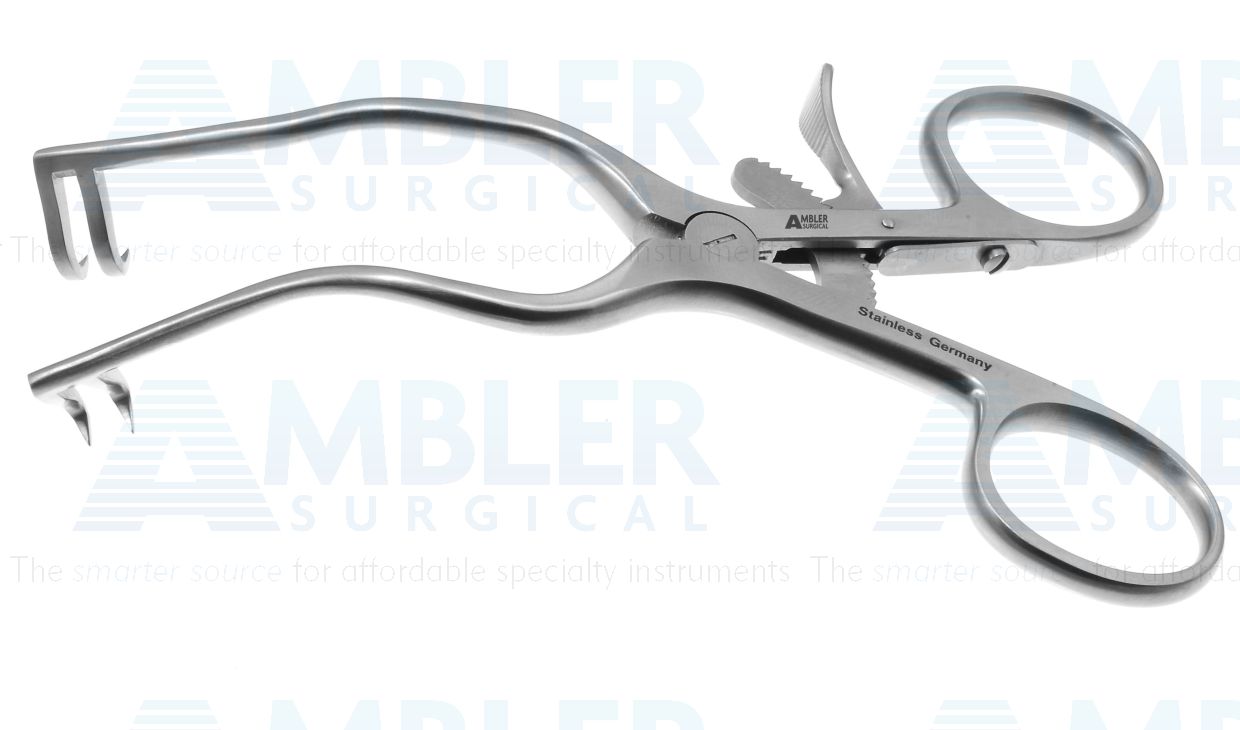 Paparella-Weitlaner self-retaining retrator, 5'',2x2 sharp prongs, 13.0mm long, 33.0mm spread, ring handle with ratchet catch