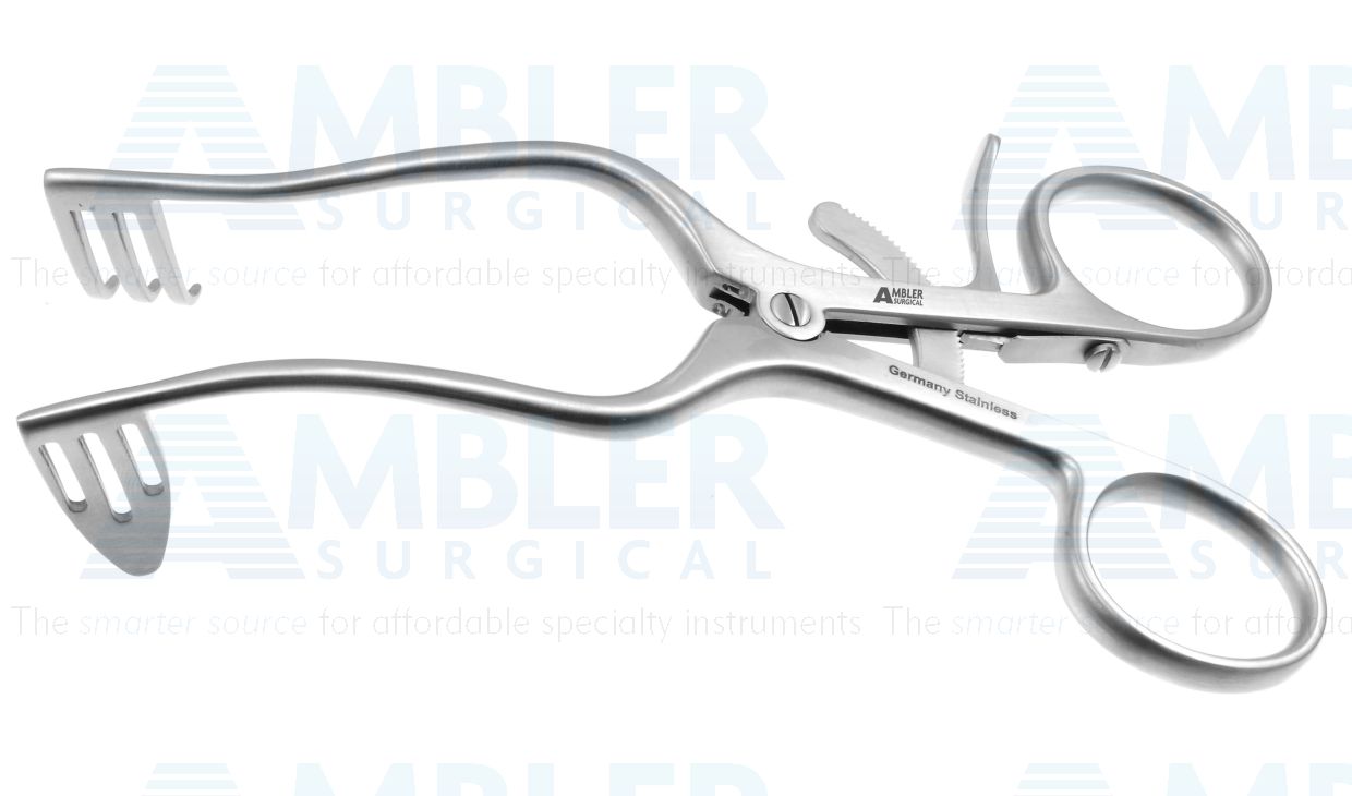 Perkins self-retaining retractor, 5 1/8'',left, 3 blunt prongs, curved fenestrated blade, ring handle with ratchet catch