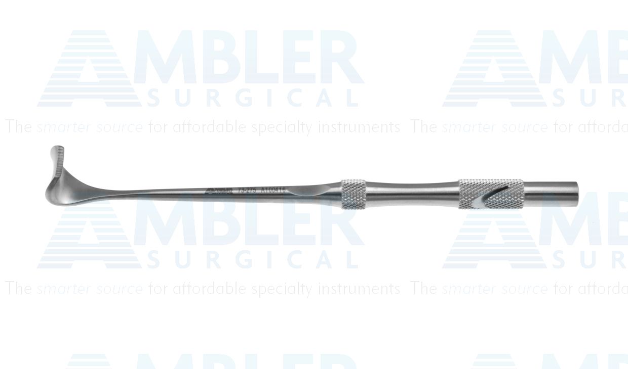 Tebbetts-style skin retractor, 6'',concave tips with serrations, round handle
