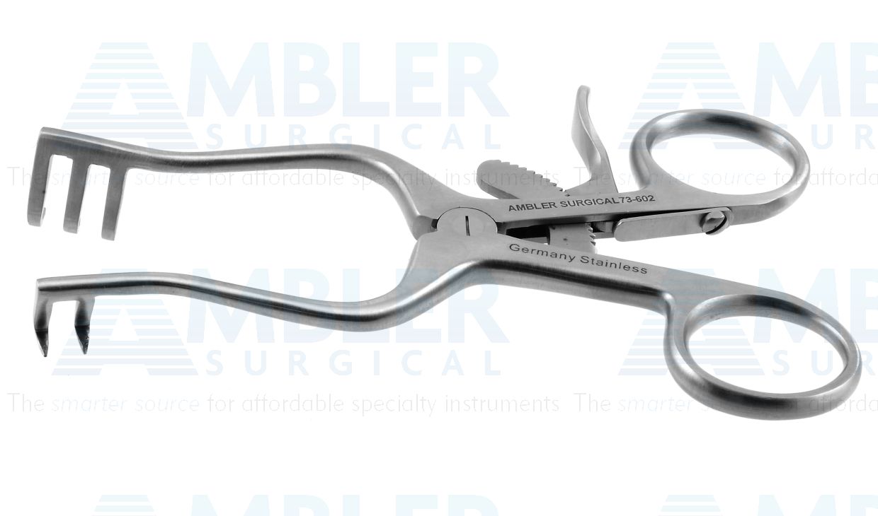 Weitlaner self-retaining retractor, 4'',2x3 sharp prongs, ring handle with ratchet catch