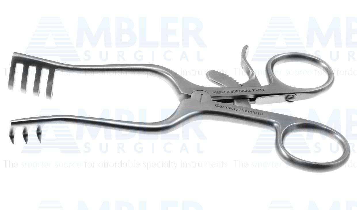 Weitlaner self-retaining retractor, 5 1/2'',3x4 sharp prongs, ring handle with ratchet catch